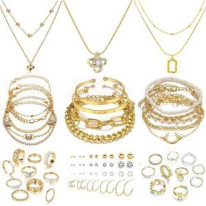 Gold Plated Jewelry Set 36 Piece Necklace Bracelet Rings Earrings Women Gift